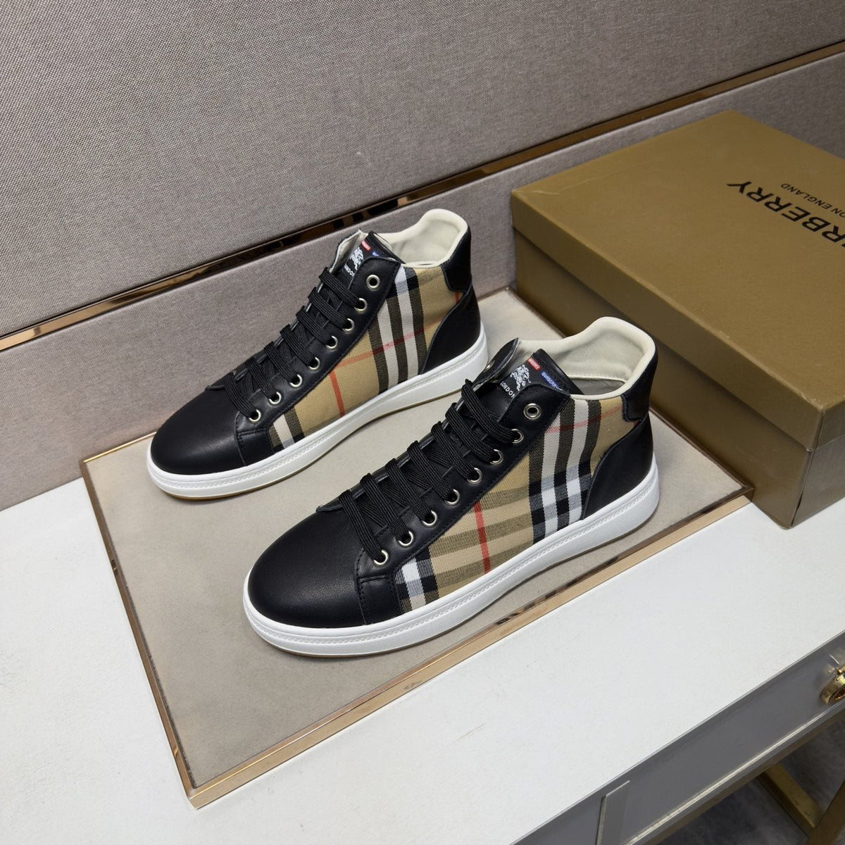 Burberry Men's Plaid-Panel High-Top Sneakers — front