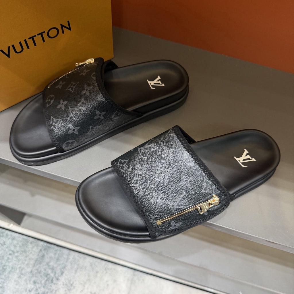 Louis Vuitton Black Monogram Strap Slide Sandals — front