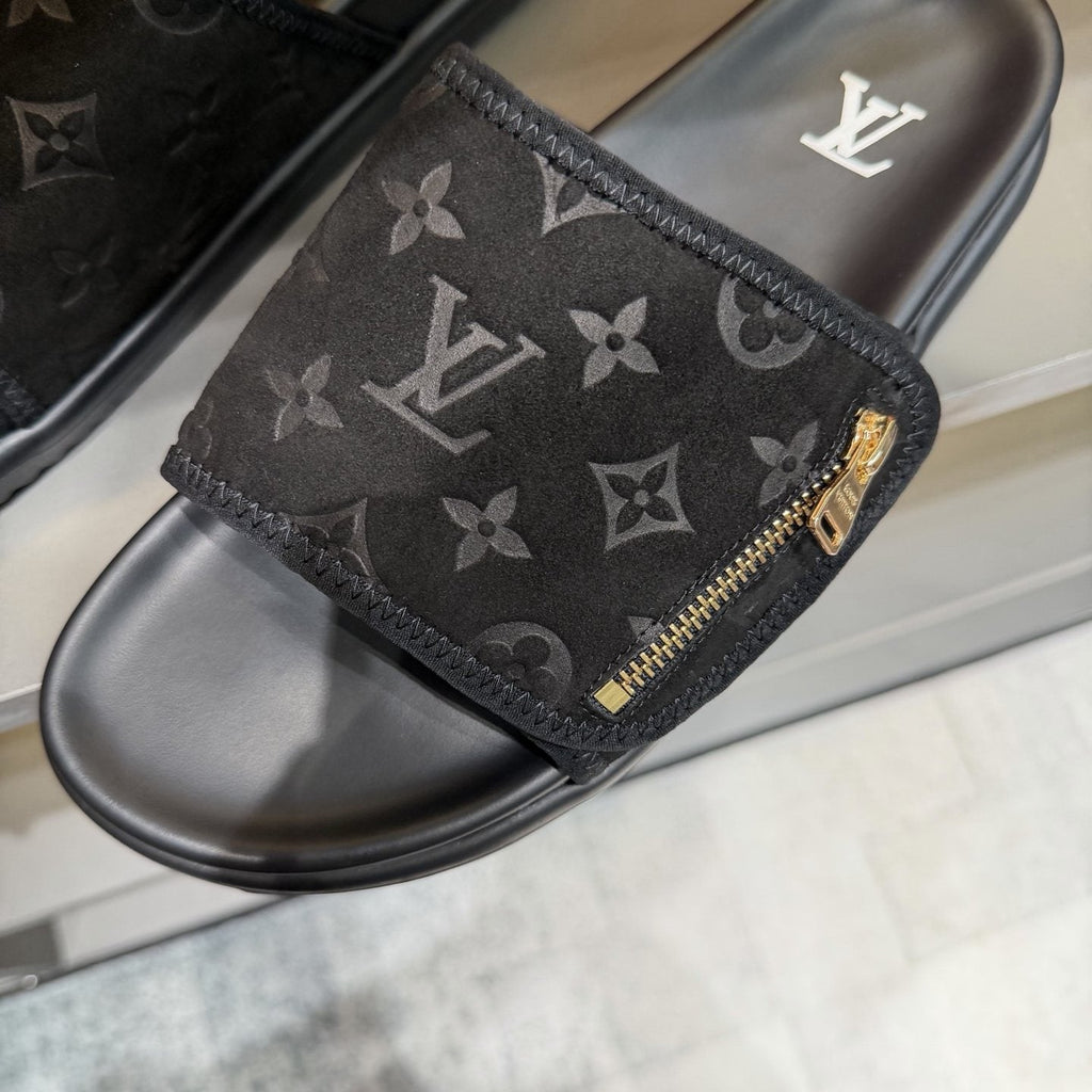 Louis Vuitton Black Monogram Strap Slide Sandals — front