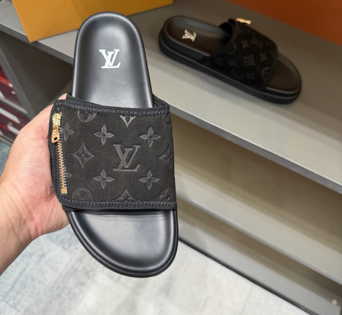 Louis Vuitton Black Monogram Strap Slide Sandals — front