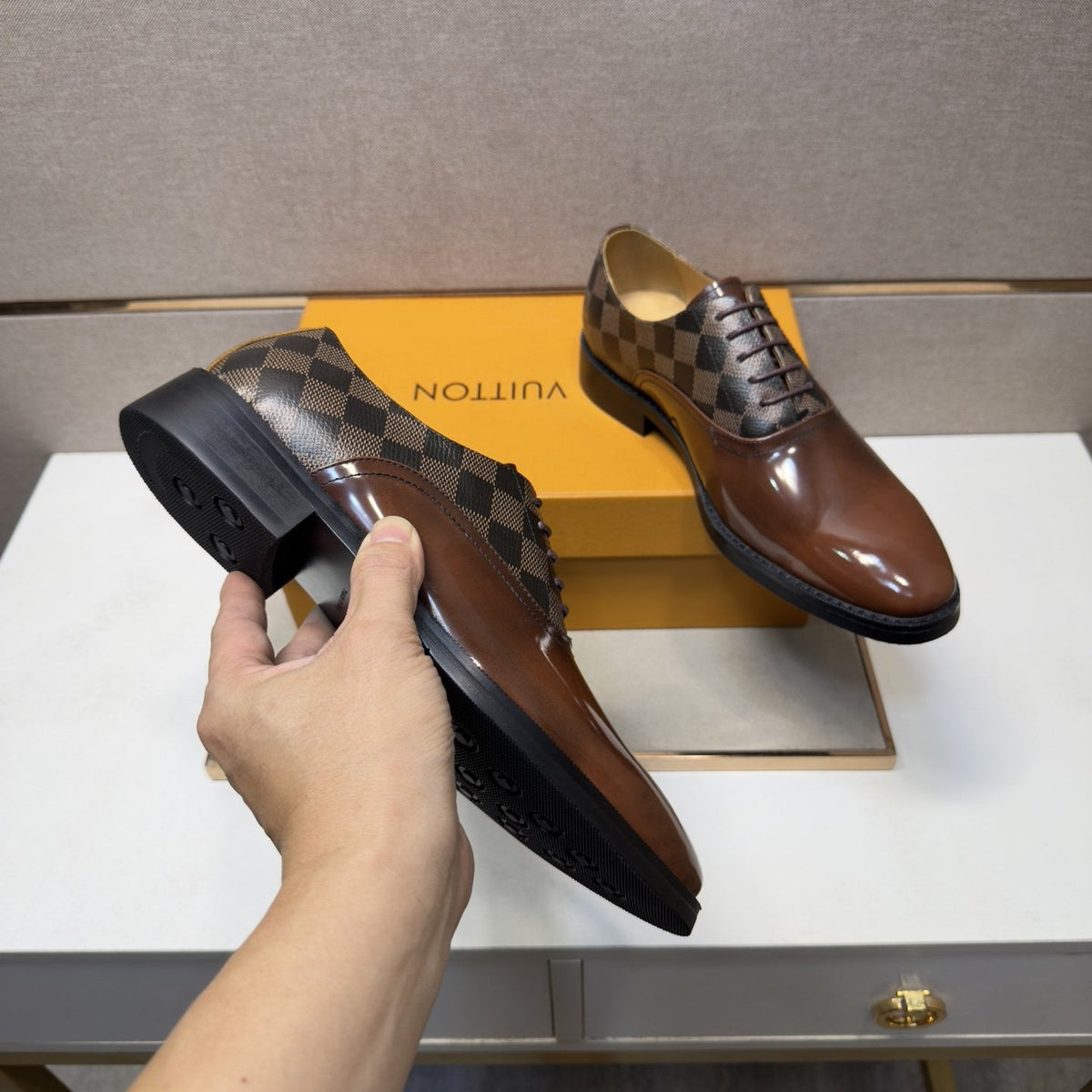 Louis Vuitton Checkered-Panel Lace-Up Dress Shoes — model