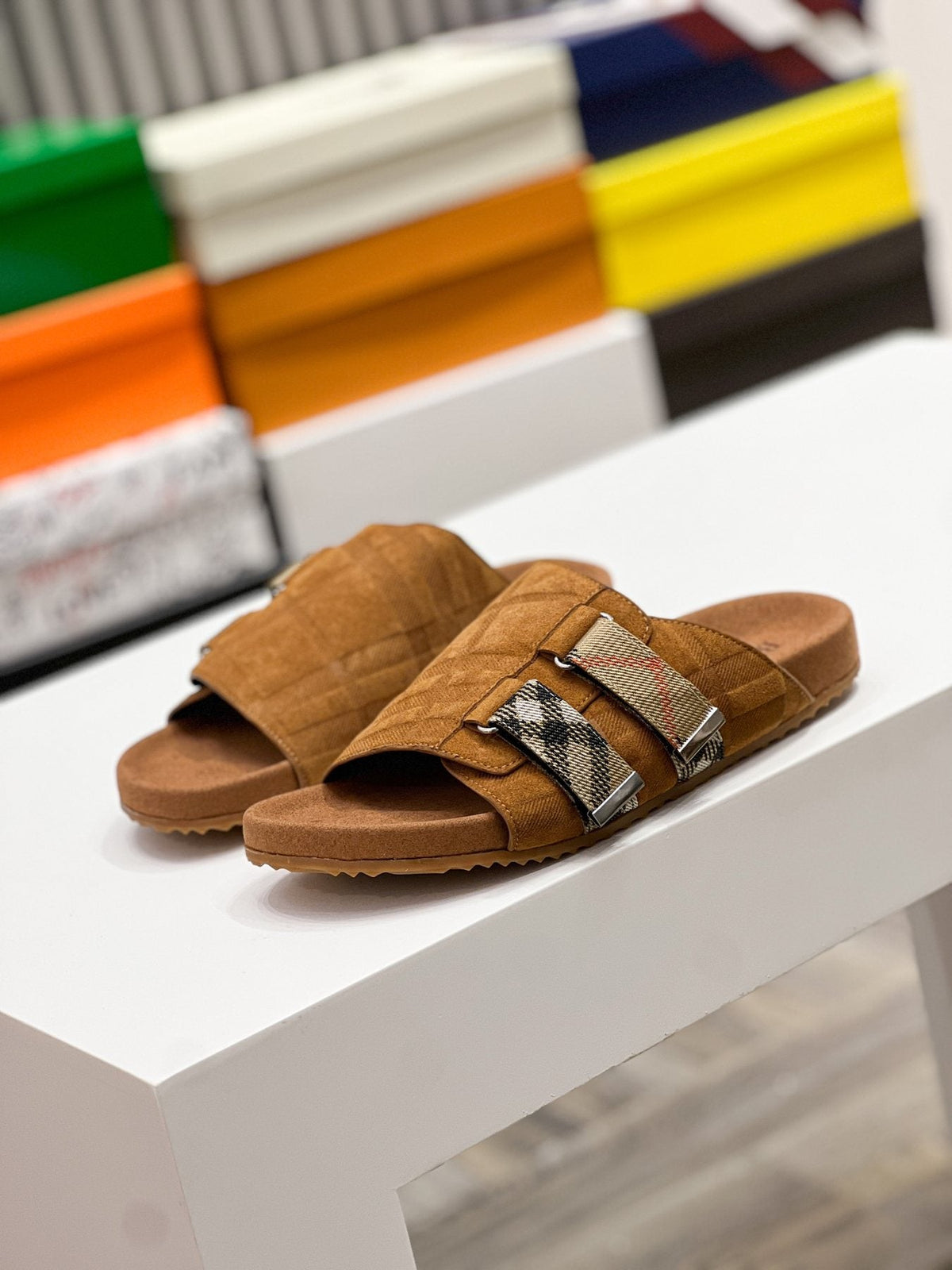 Burberry Navy Check Buckle Slide Sandals — back