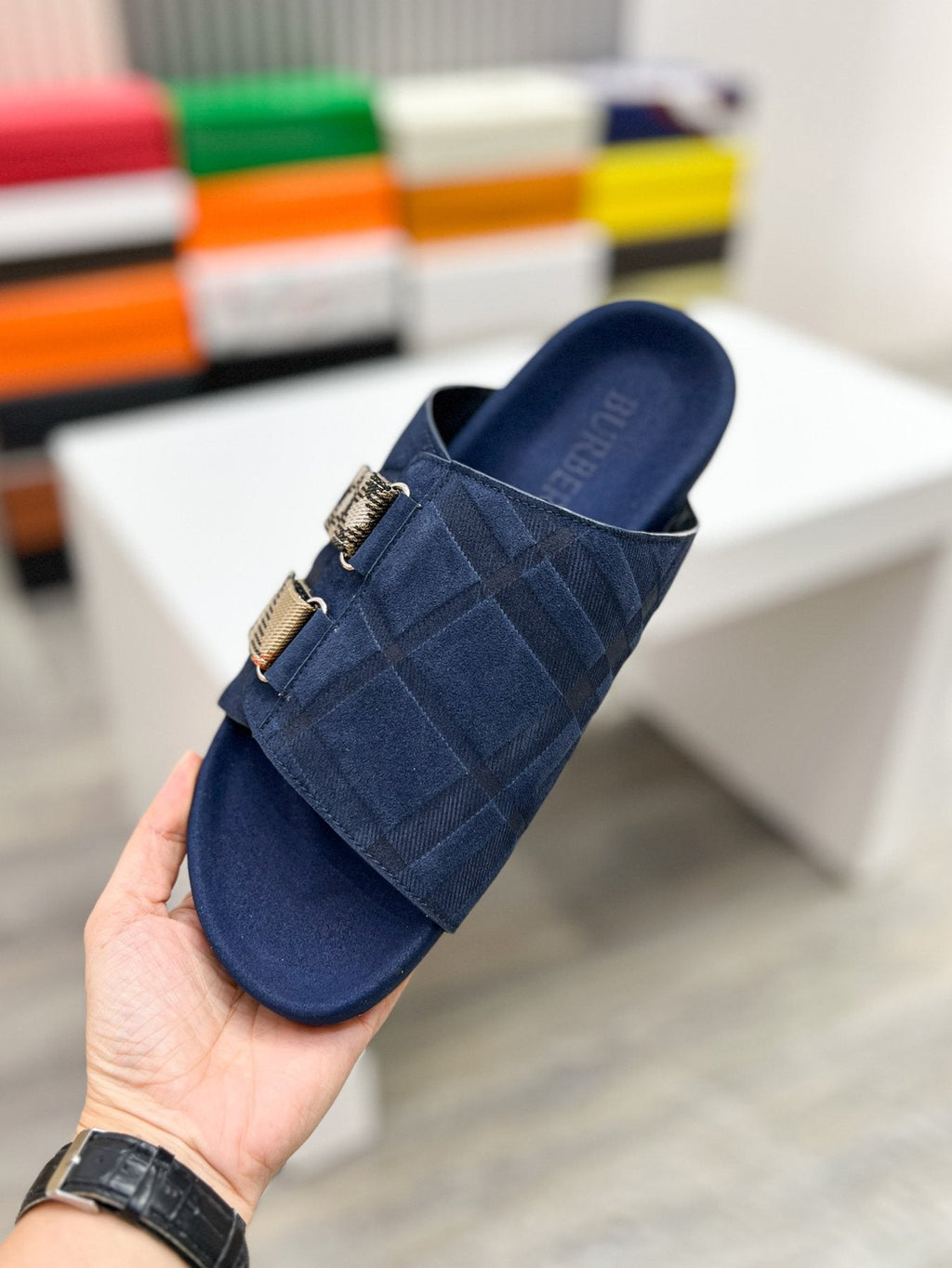 Burberry Navy Check Buckle Slide Sandals — model