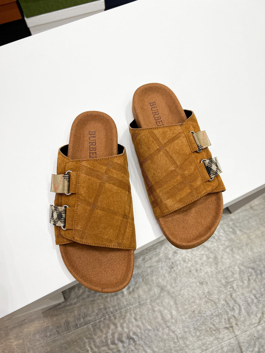 Burberry Navy Check Buckle Slide Sandals — side