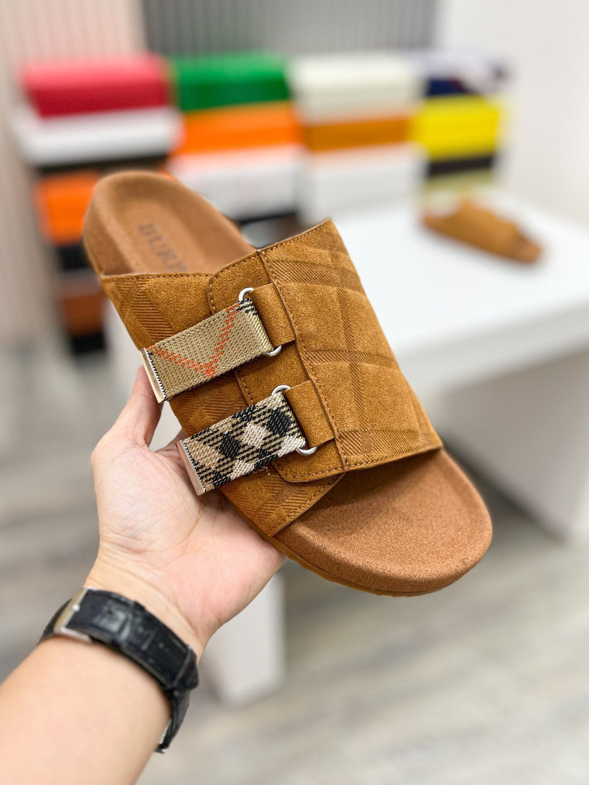 Burberry Navy Check Buckle Slide Sandals — model
