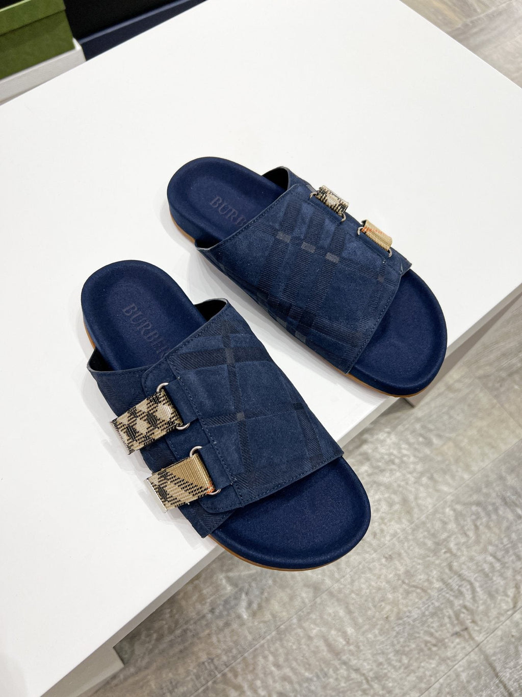 Burberry Navy Check Buckle Slide Sandals — front