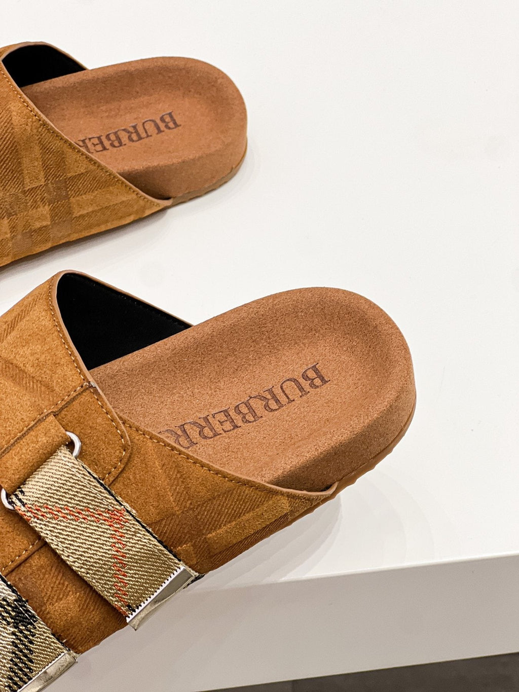 Burberry Navy Check Buckle Slide Sandals — detail