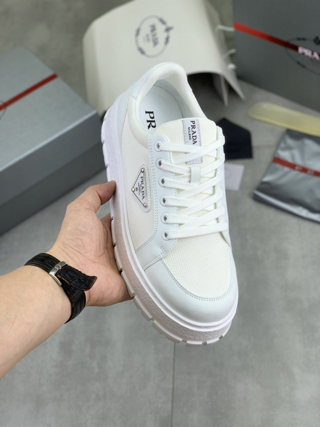 Prada Paneled Lug-Sole Sneakers — model