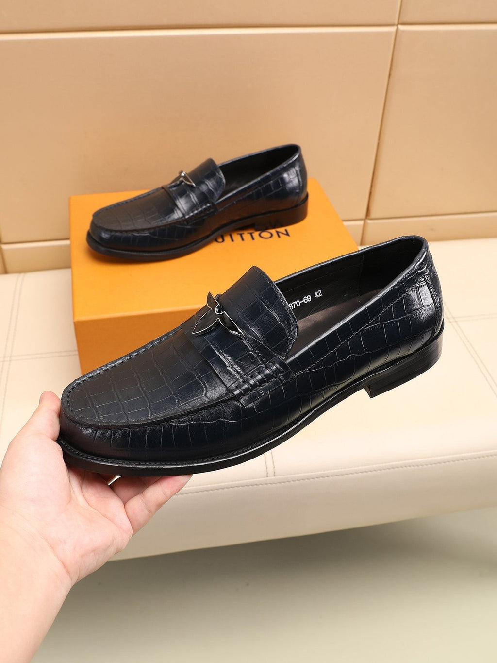 Louis Vuitton Embossed Strap Loafers — model