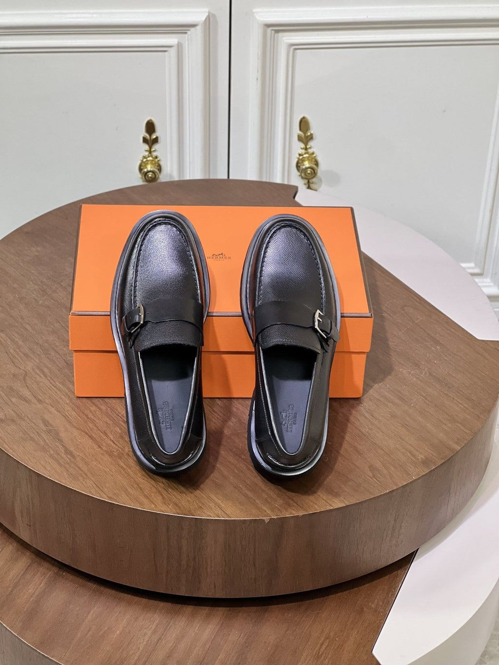 Hermès Men's Metal-Bar Lug Sole Loafers — front