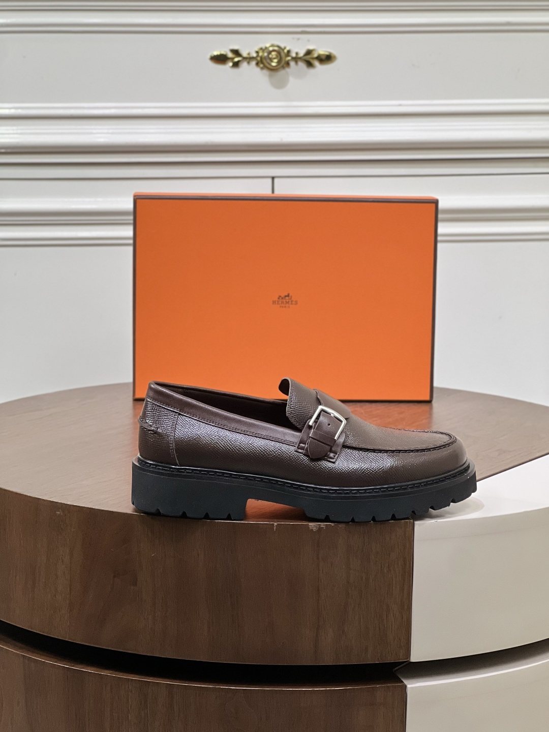 Hermès Men's Metal-Bar Lug Sole Loafers — front