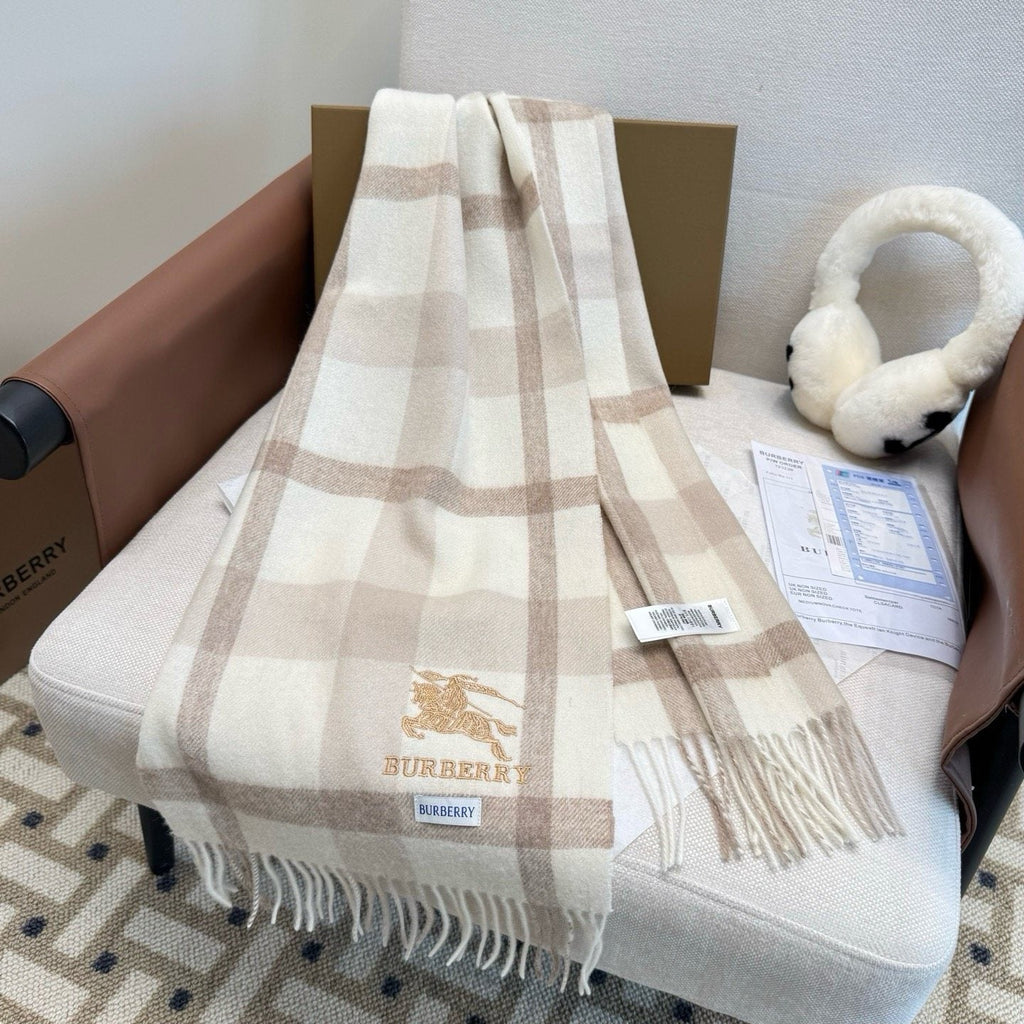 Burberry Cream Taupe Check Fringed Scarf — front