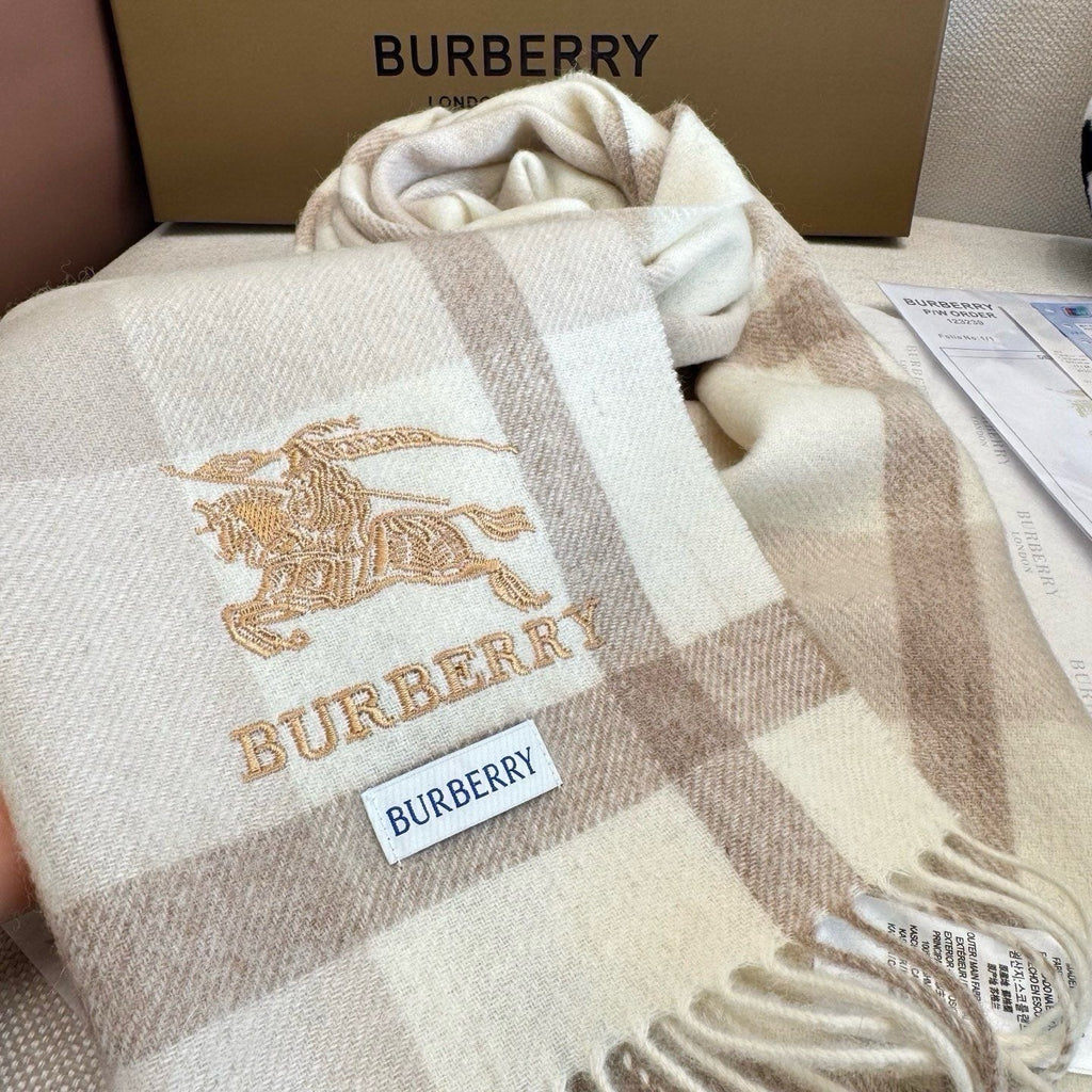Burberry Cream Taupe Check Fringed Scarf — detail