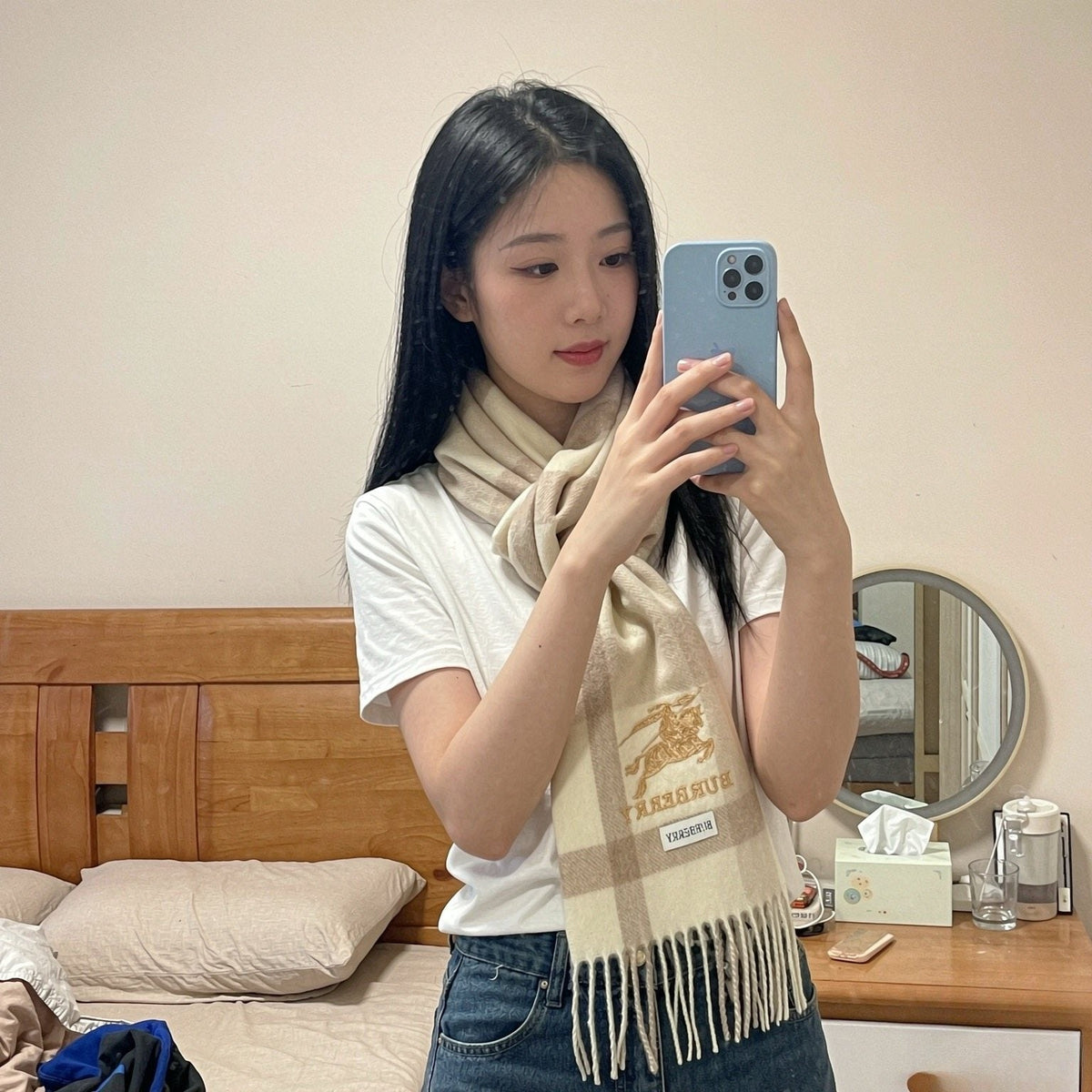 Burberry Cream Taupe Check Fringed Scarf — model