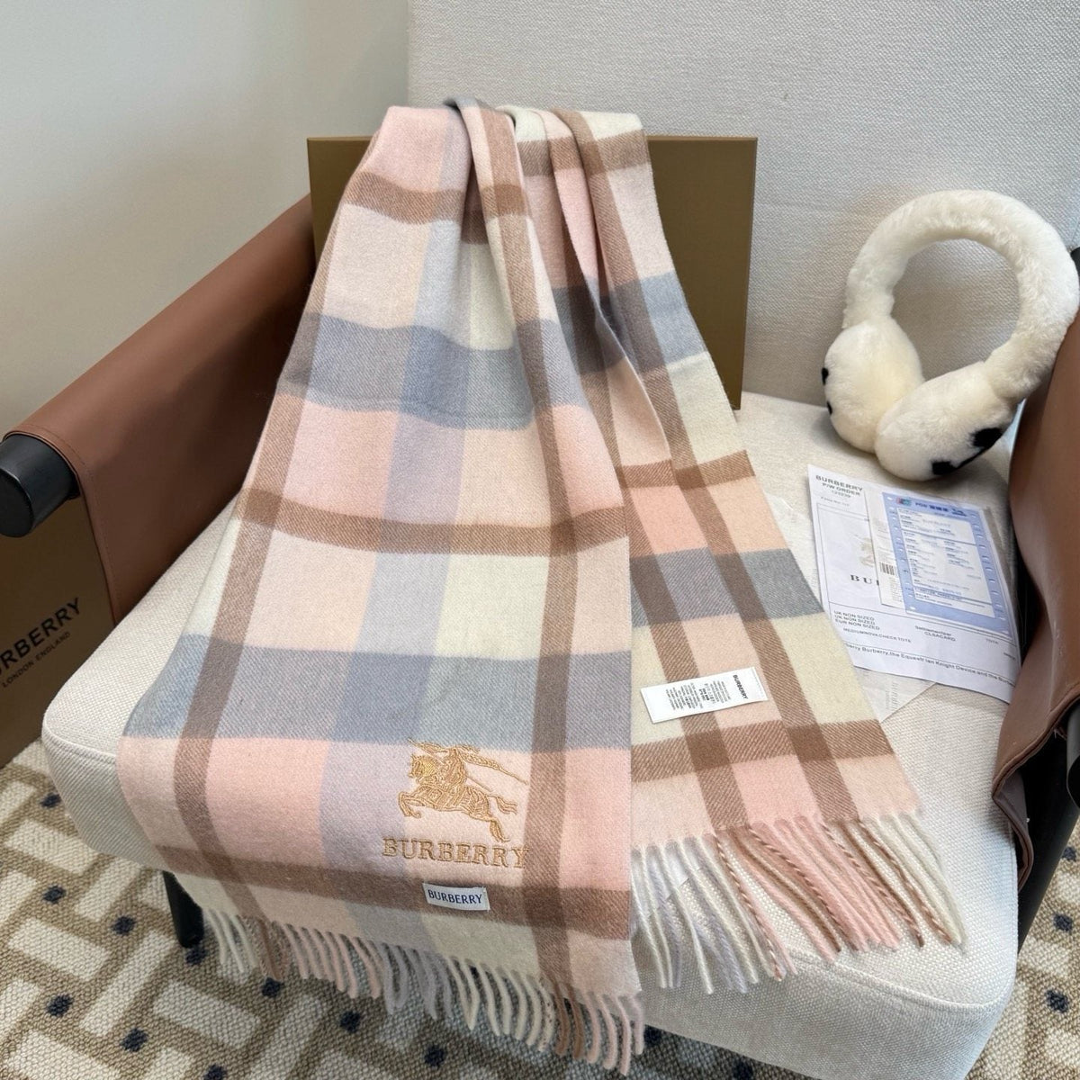 Burberry Cream Taupe Check Fringed Scarf — side