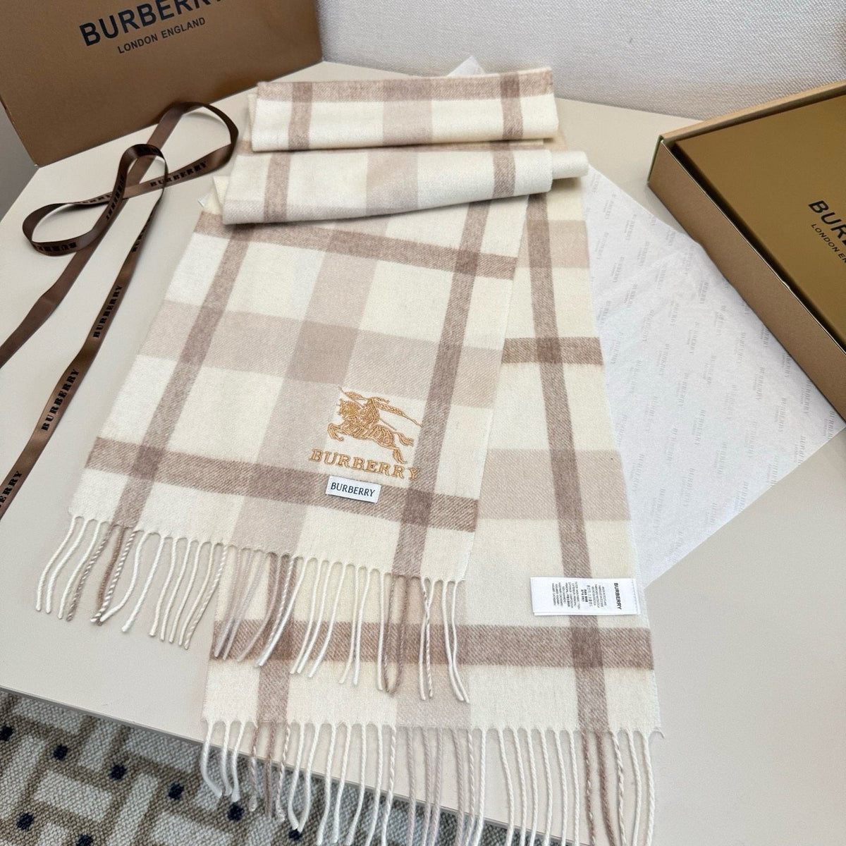 Burberry Pink Plaid Fringed Scarf — front