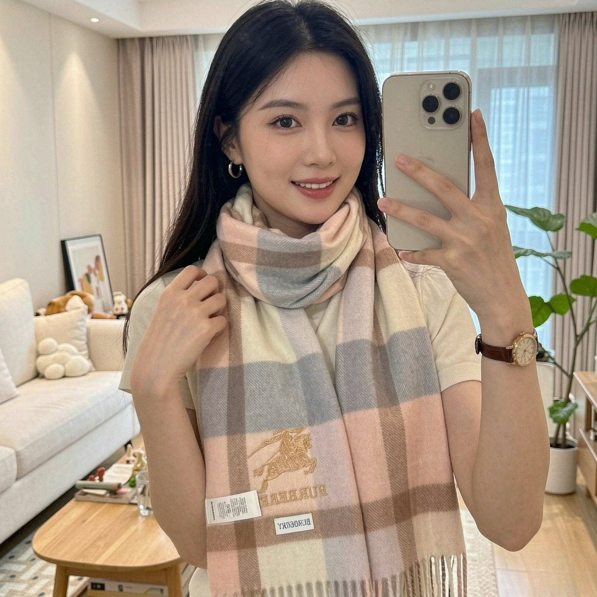 Burberry Pink Plaid Fringed Scarf — hero