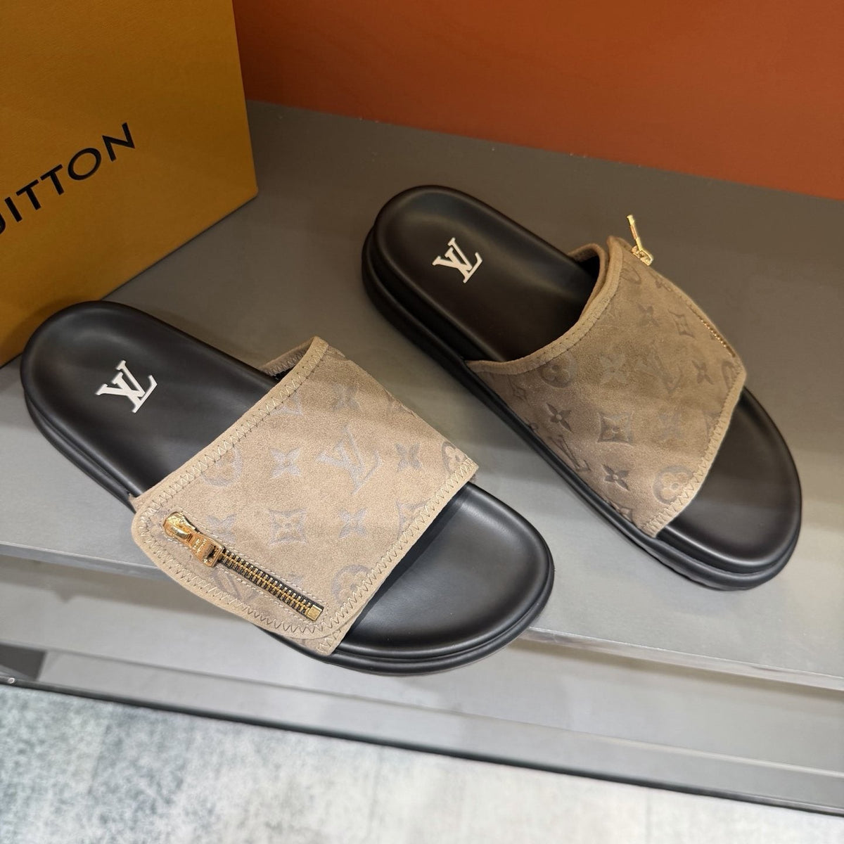 Louis Vuitton Beige and Black Slide Sandals — front