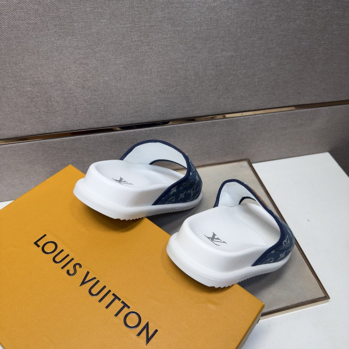 Louis Vuitton Navy Patterned Slide Sandals — front
