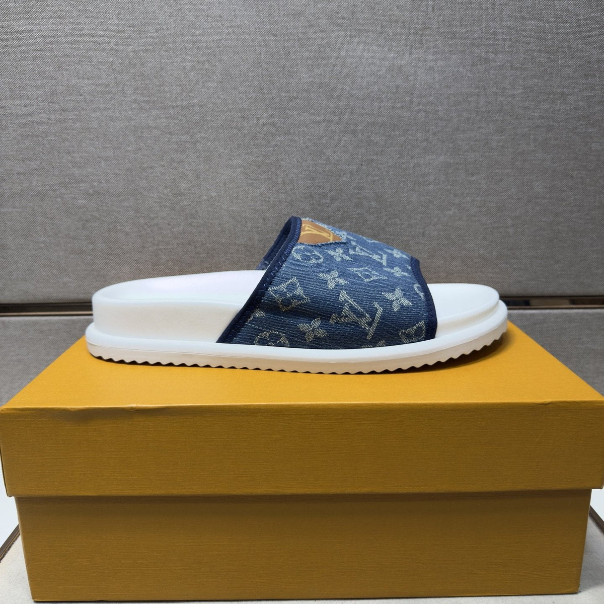 Louis Vuitton Navy Patterned Slide Sandals — side