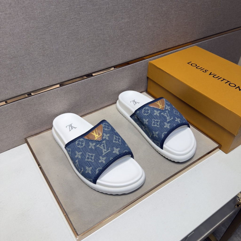 Louis Vuitton Navy Patterned Slide Sandals — front