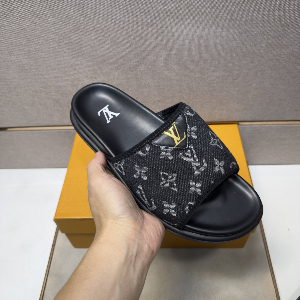 Louis Vuitton Navy Patterned Slide Sandals — model