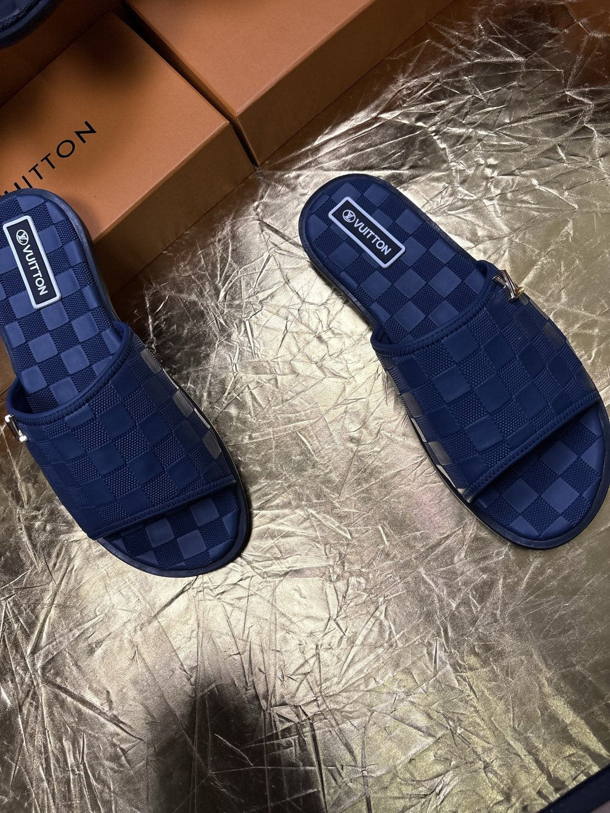 Louis Vuitton Checker-Pattern Slide Sandals — front