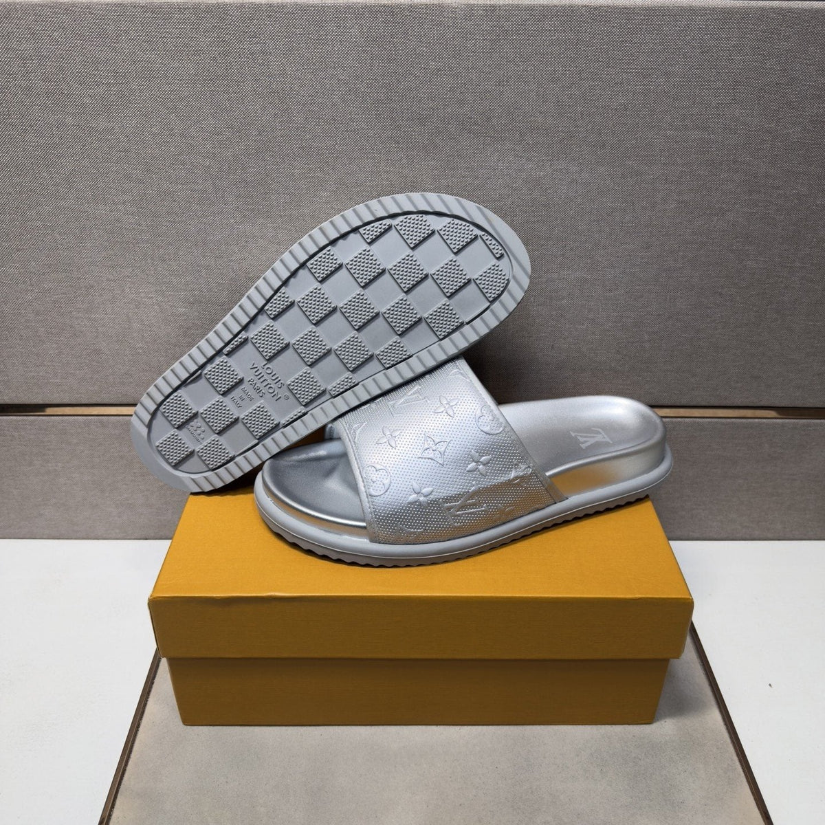 Louis Vuitton Embossed Metallic Slide Sandals — back