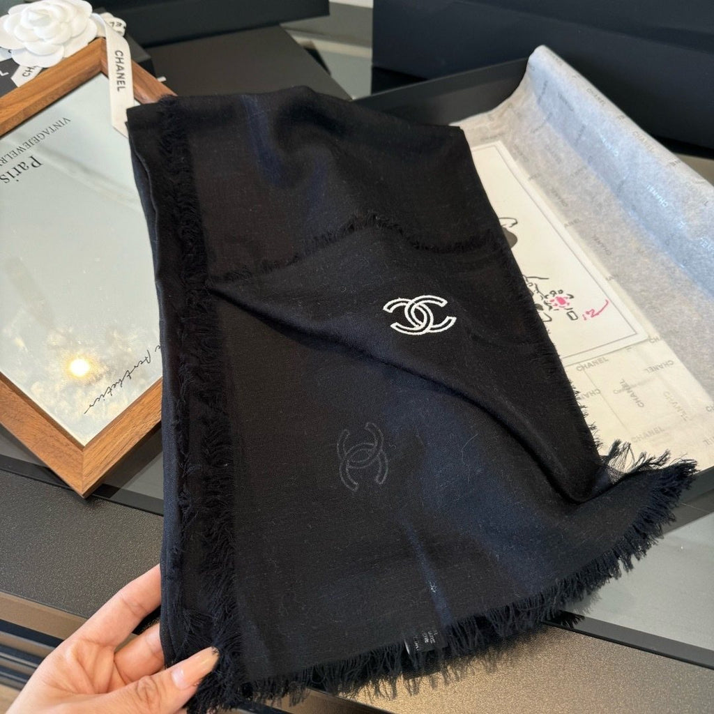 Chanel Fringe-Trim Cashmere Scarf — model