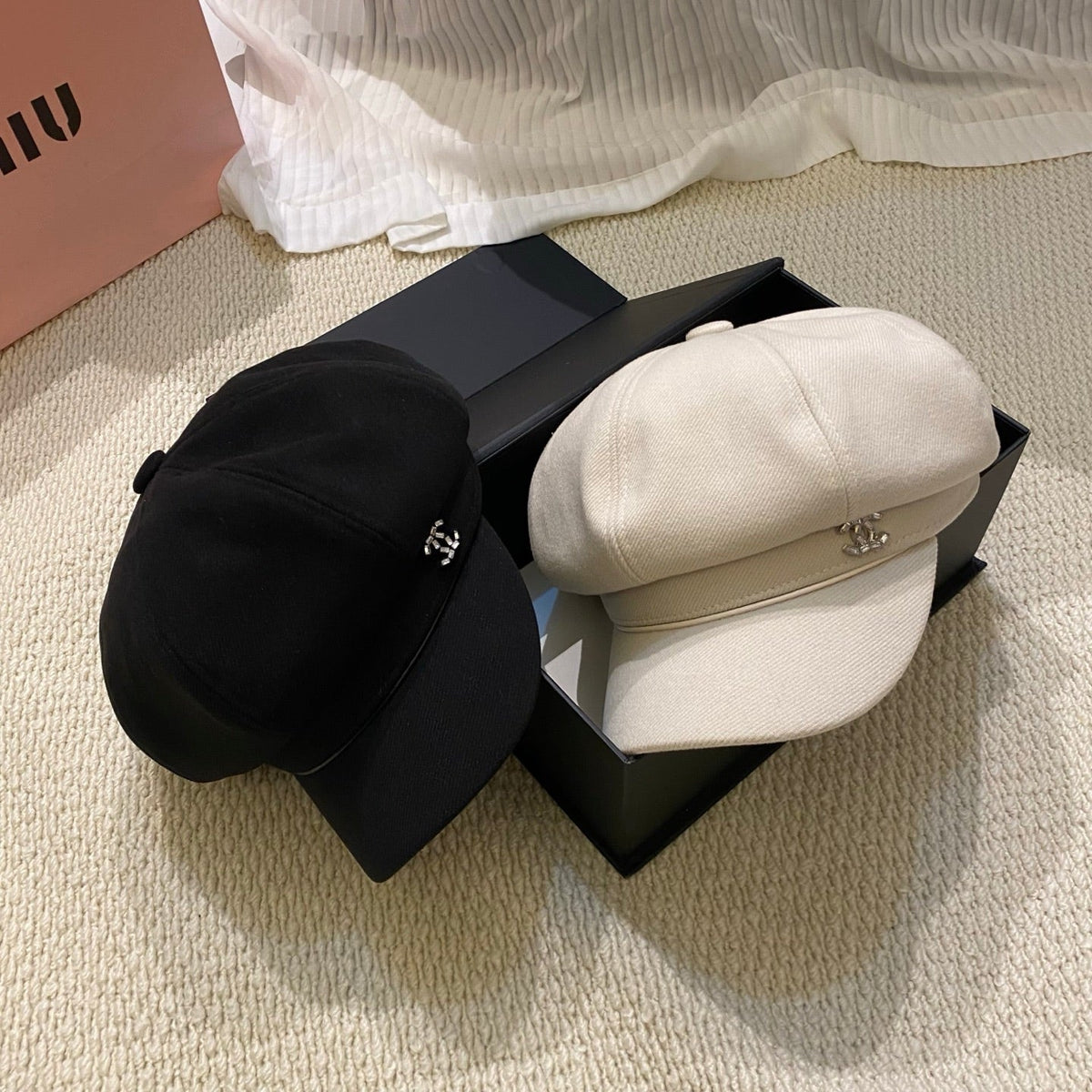 Chanel Crystal Logo Wool Newsboy Cap