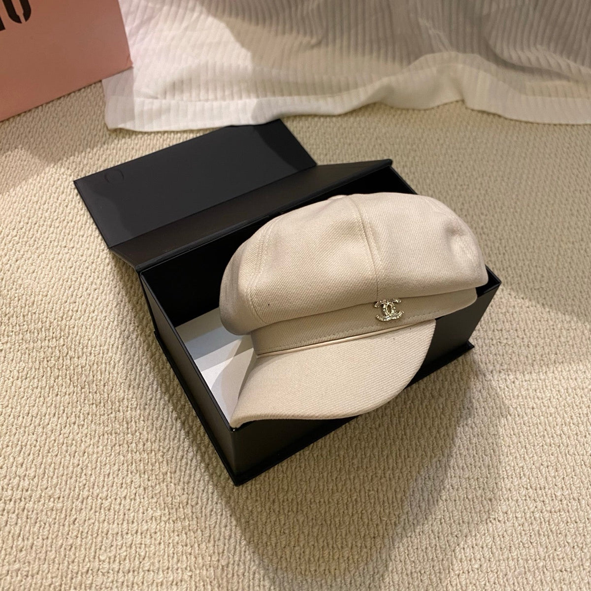 Chanel Crystal Logo Wool Newsboy Cap
