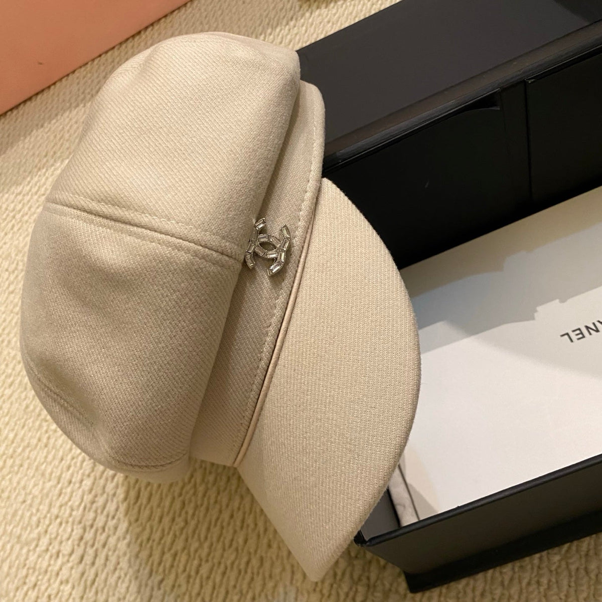 Chanel Crystal Logo Wool Newsboy Cap