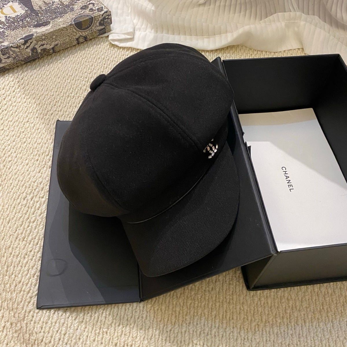 Chanel Crystal Logo Wool Newsboy Cap