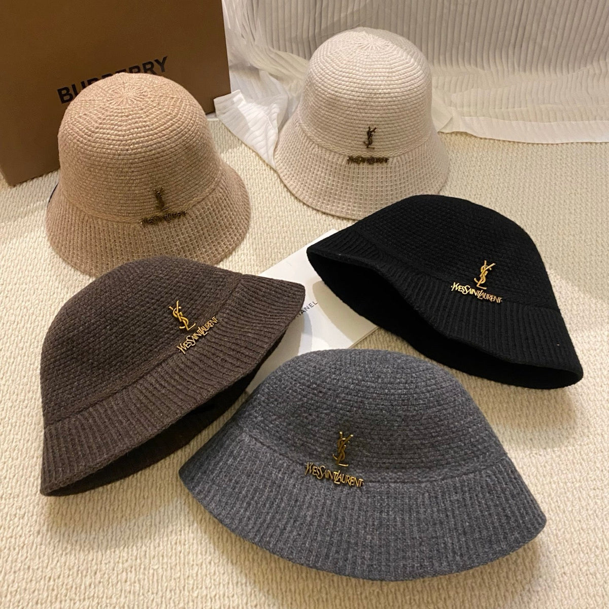 YSL Gold Logo Knitted Bucket Hat