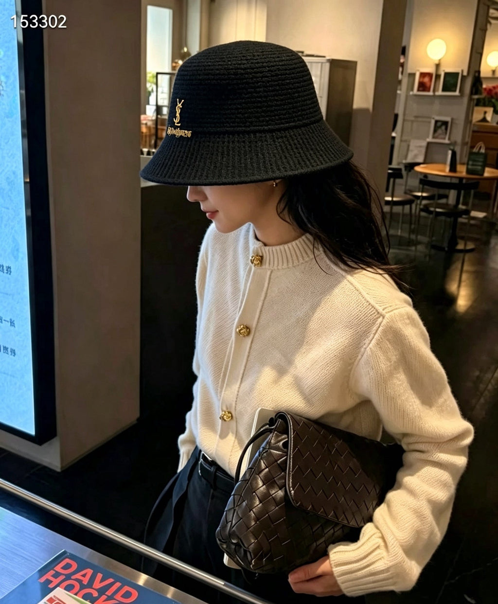 YSL Gold Logo Knitted Bucket Hat