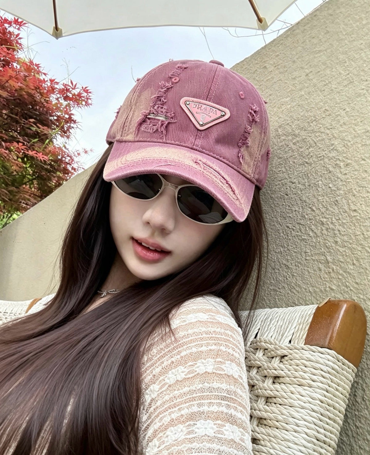 Prada Washed Distressed Triangle Logo Baseball Cap