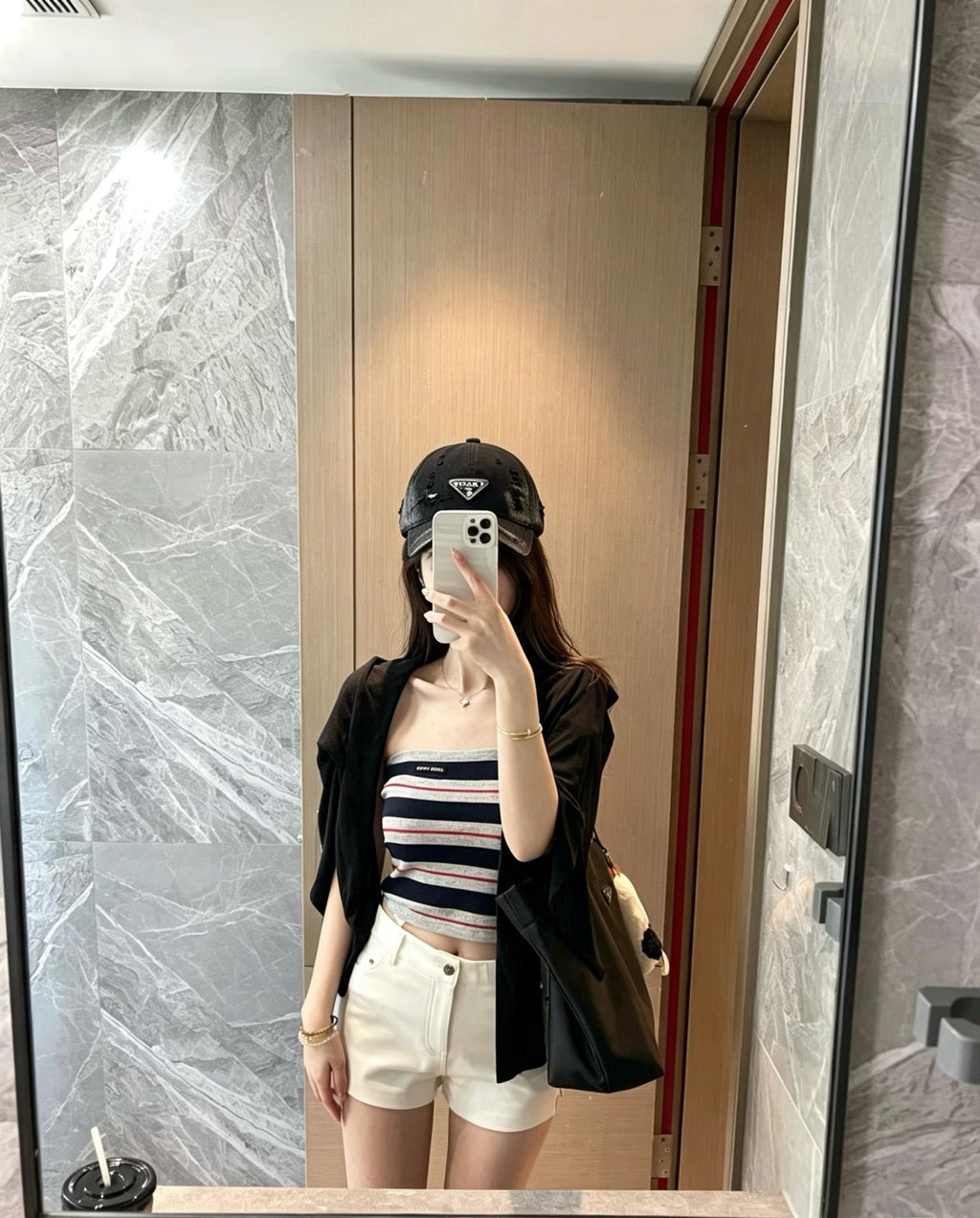 Prada Washed Distressed Triangle Logo Baseball Cap