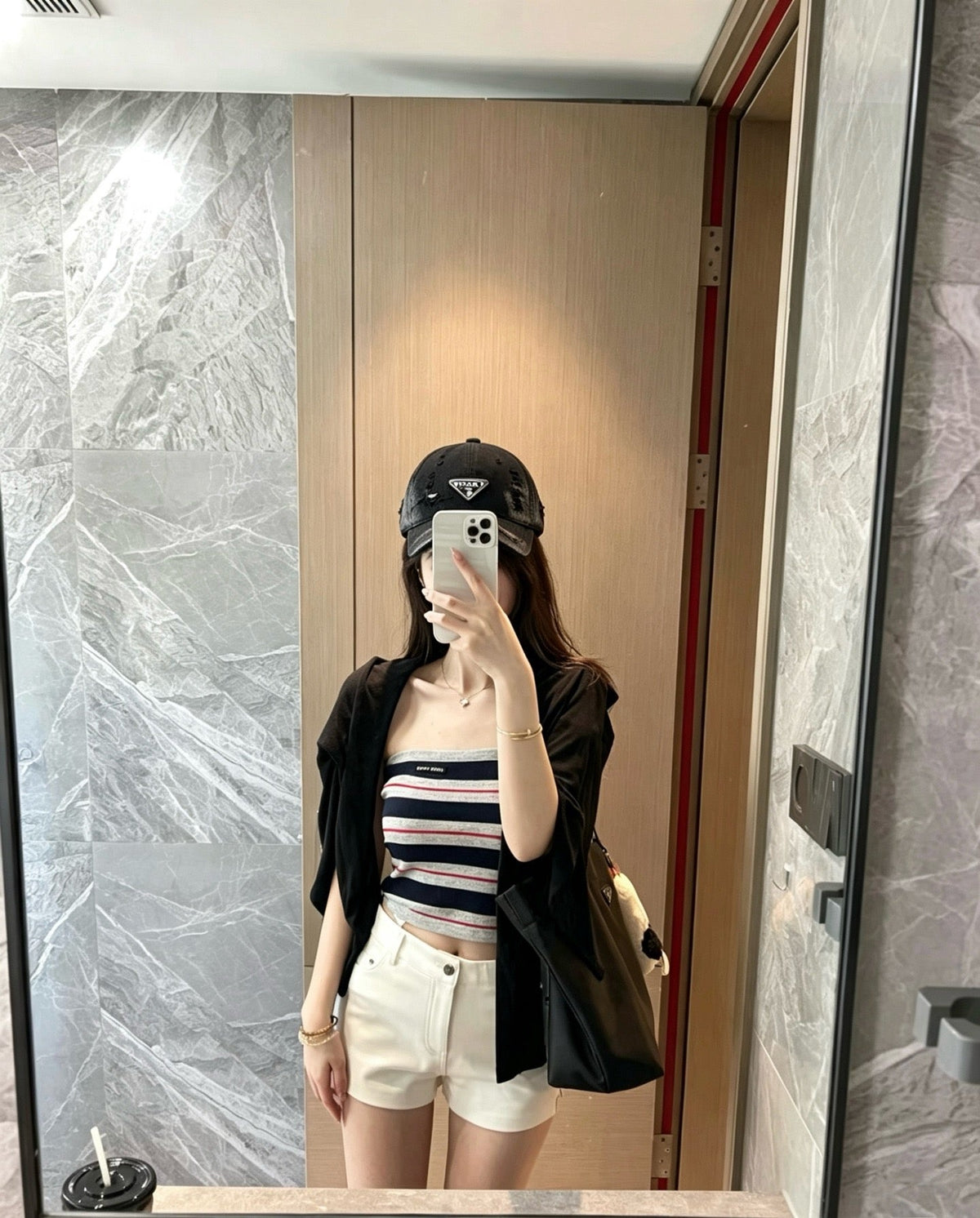 Prada Washed Distressed Triangle Logo Baseball Cap